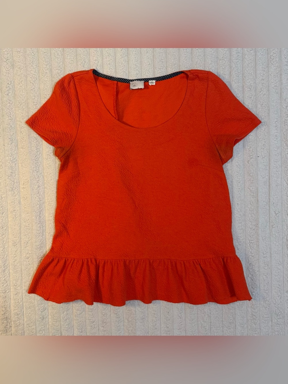 Postmark Anthropologie Women's Orange Red Peplum Top Ruffle Hem with Back Detail